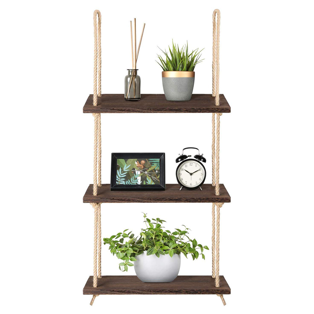 3 Tiers Rustic Wooden Wall Hanging Rope Shelf Mounted Floating Storage Unit Home