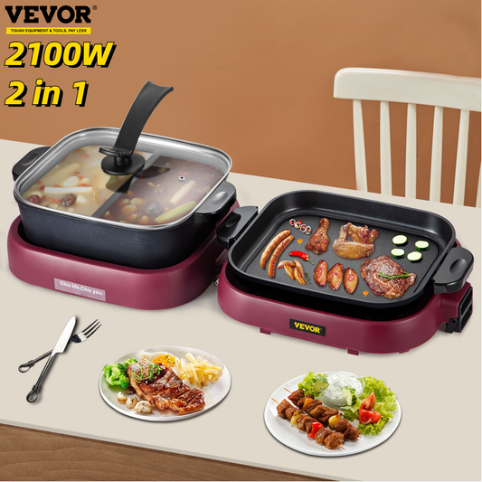 2 in 1 Electric Hot Pot BBQ Grill 2000W Multifunction Portable Home Foldable Non-Stick Split Pot Smokeless Barbecue Pan