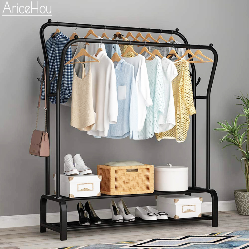 Coat Rack Garment Rack Free-Standing Clothes Hanger with Top Rod Clothes Shelves Storage Wardrobe Hanger Floor Cloth Drying Rack