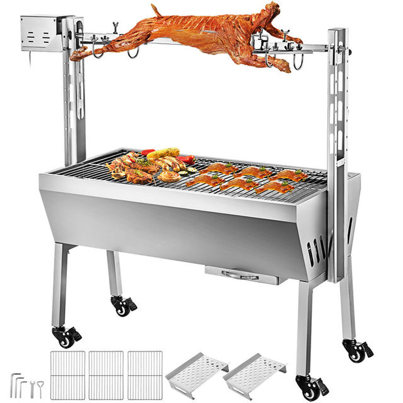 60KG / 132LBS Electric Roaster Grill 2 in 1 BBQ Rotisserie Grill W/ Lockable Wheels for Roasting Sheep, Turkey, Beef, Fish