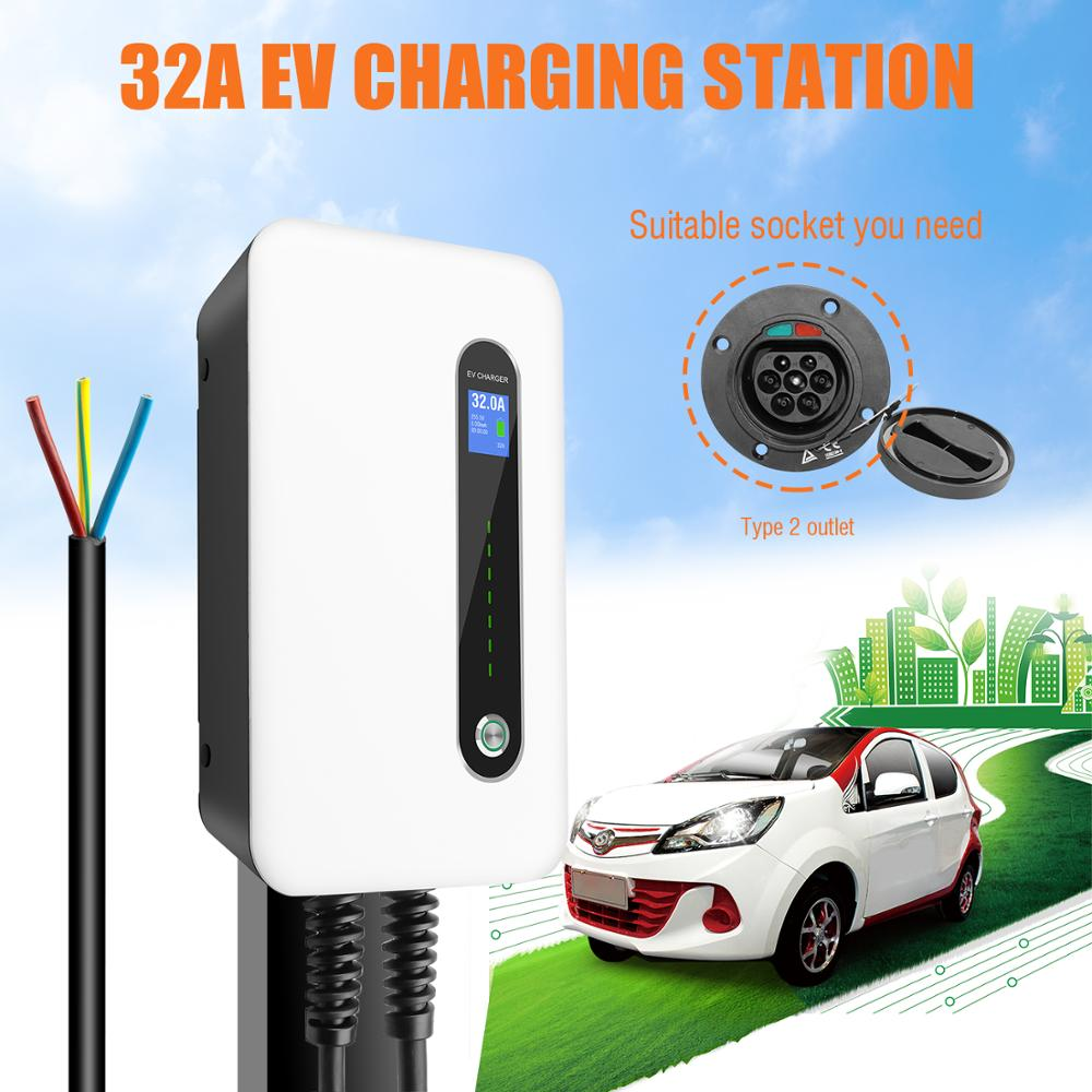 32A EVSE Wallbox EV Car Charger Electric Vehicle Charging Station Wall-Mounted IP66 Type 2 Cable IEC 62196-2 Level 2 240V 7.6KW