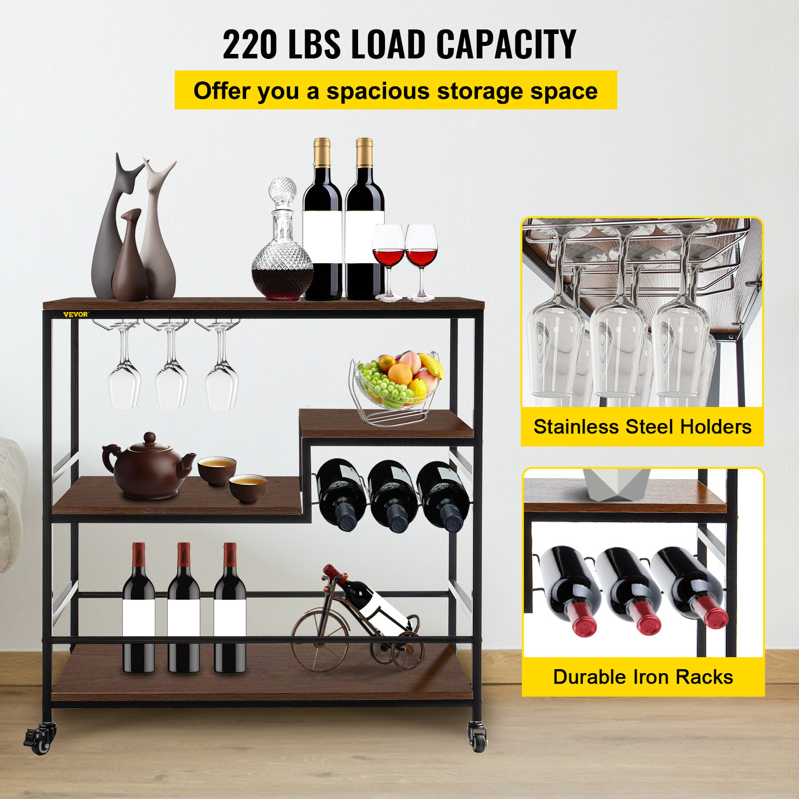 3-Tier Bar Wine Rack Serving Cart on Wheels Commercial Kitchen Food Truck Serving Buffet Sideboard Rack Glass Holder Home