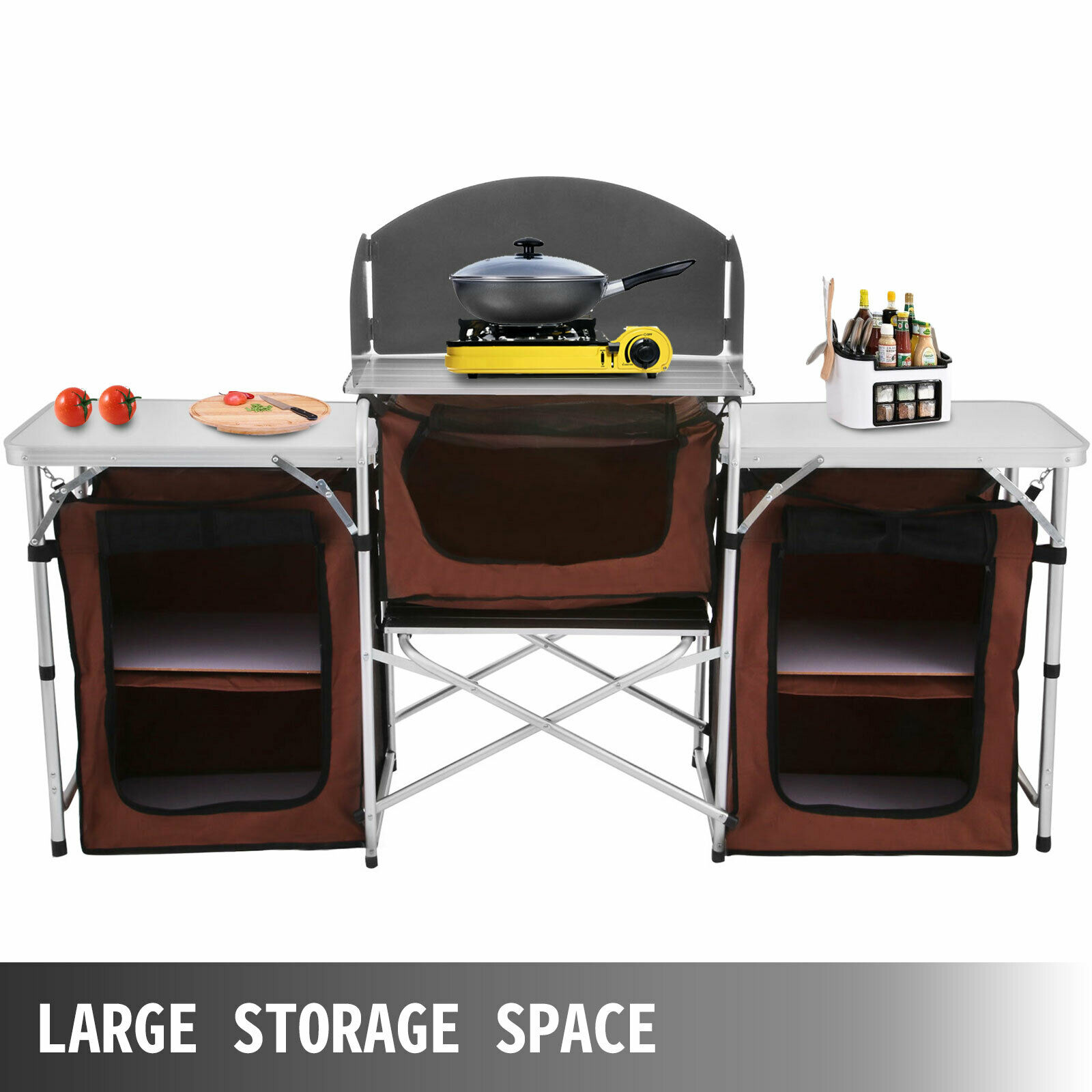 Camping Outdoor Kitchen Table Cabinet Foldable Folding Cooking Storage Rack for BBQ Picnic X-Shaped Aluminum Alloy Bracket