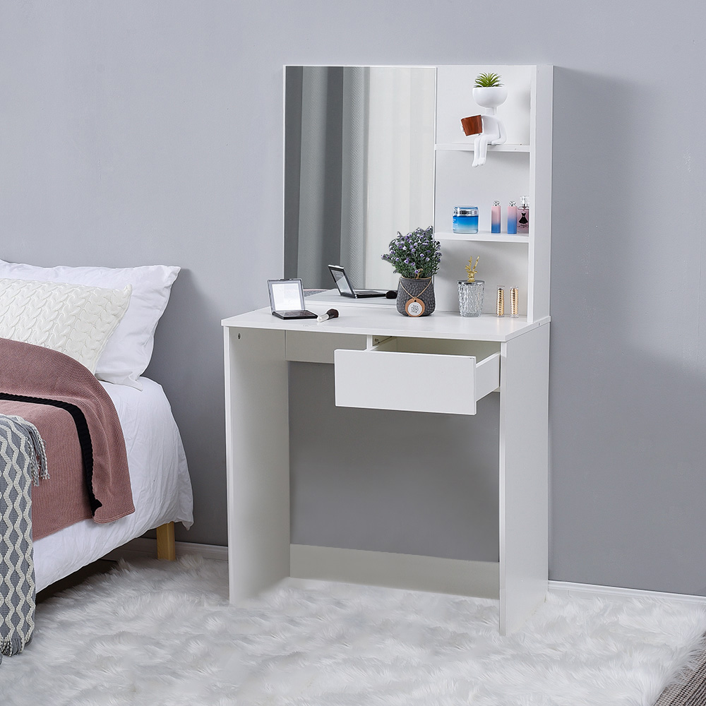 White Wooden Dressing Table Set with Large Mirror and 2 Tier Open Shelf Modern Vanity Makeup Writing Desk Bedroom