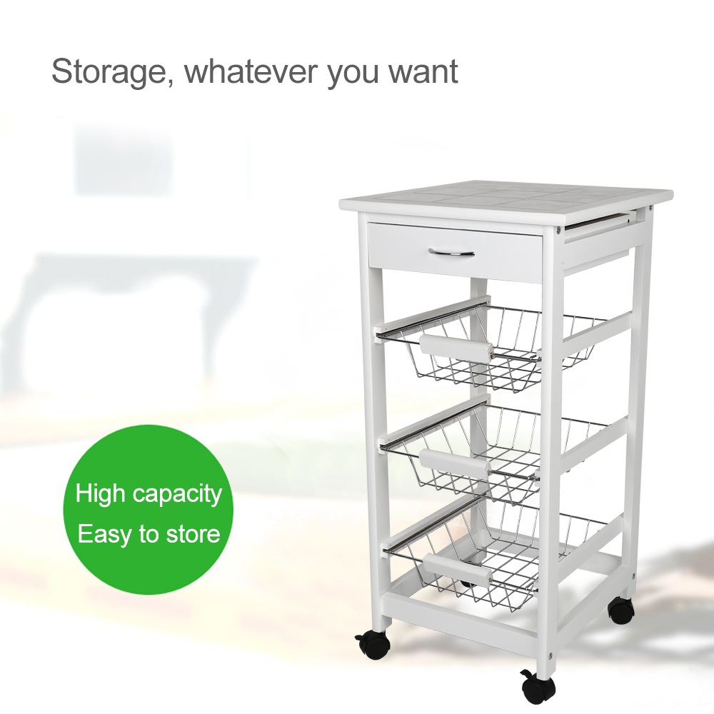 Kitchen Trolley Cart Three-Layer Dining Shelf Rack with Universal Wheel Basket Storage Drawers