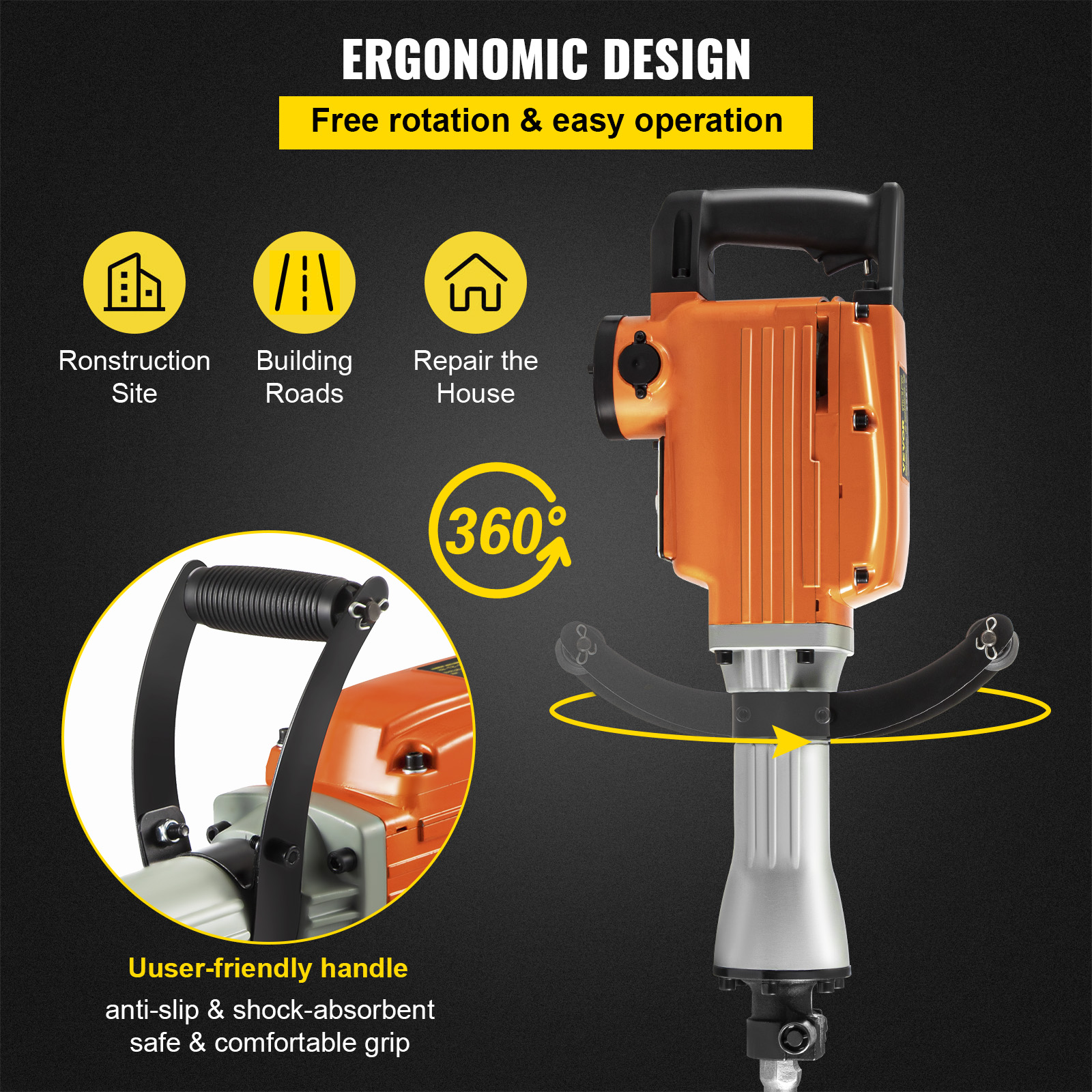 1500W Electric Demolition Jack Hammer Drill with 2 Chisels Heavy-Duty Jackhammer Concrete Breaker Chipping Impact Picks