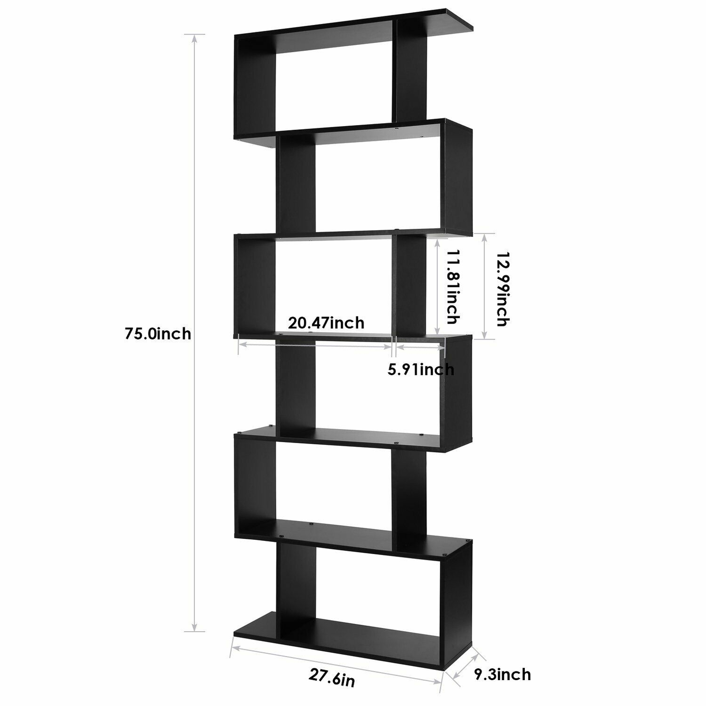 6-Tier Wooden Bookcase, S-Shape Display Shelf and Room Divider, Freestanding Decorative Storage Shelving, 190.5Cm Tall Bookshelf