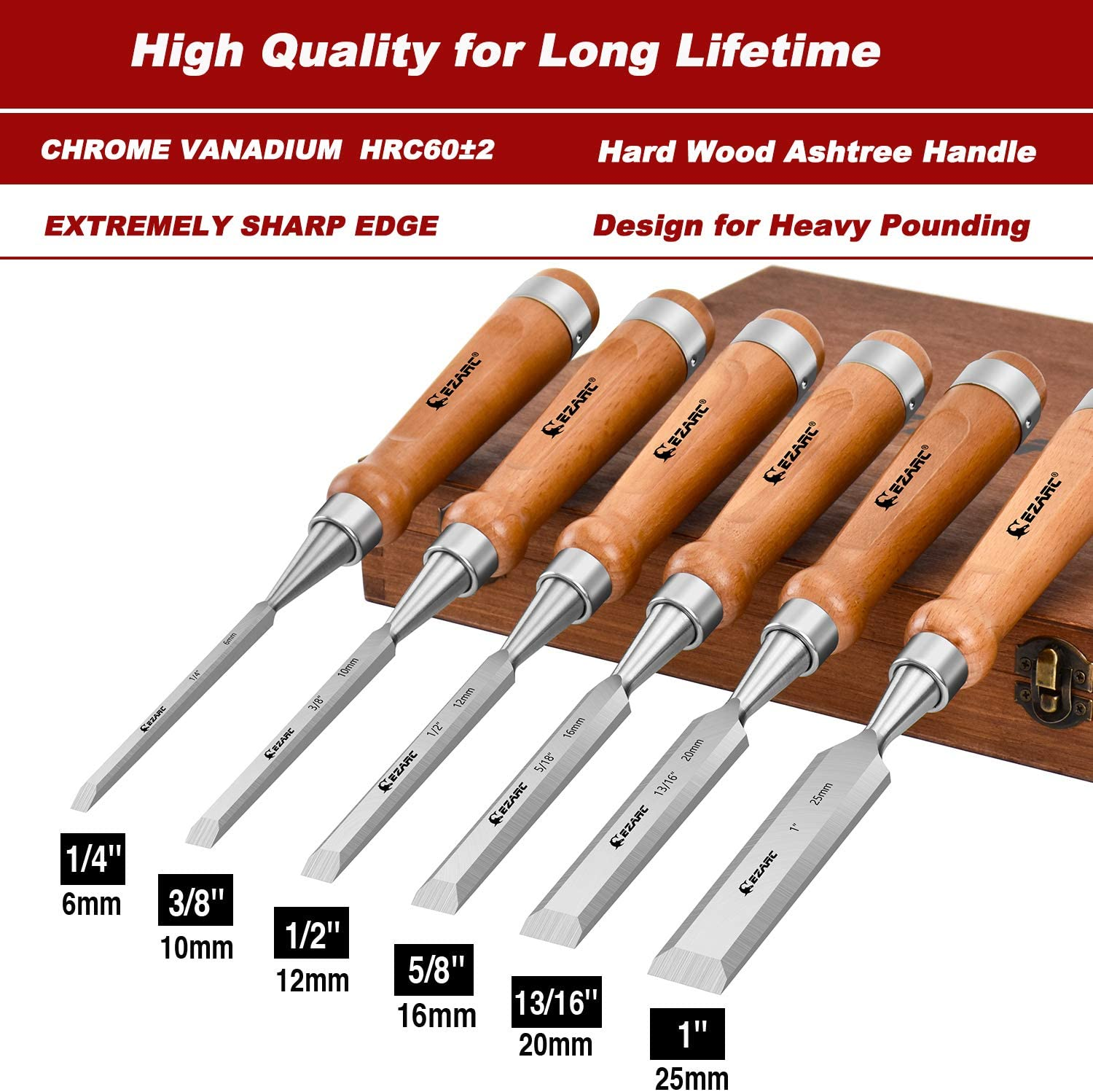 6Pcs Wood Chisel Set for Woodworking CRV Steel with Walnut Handle in Wooden Premium Box