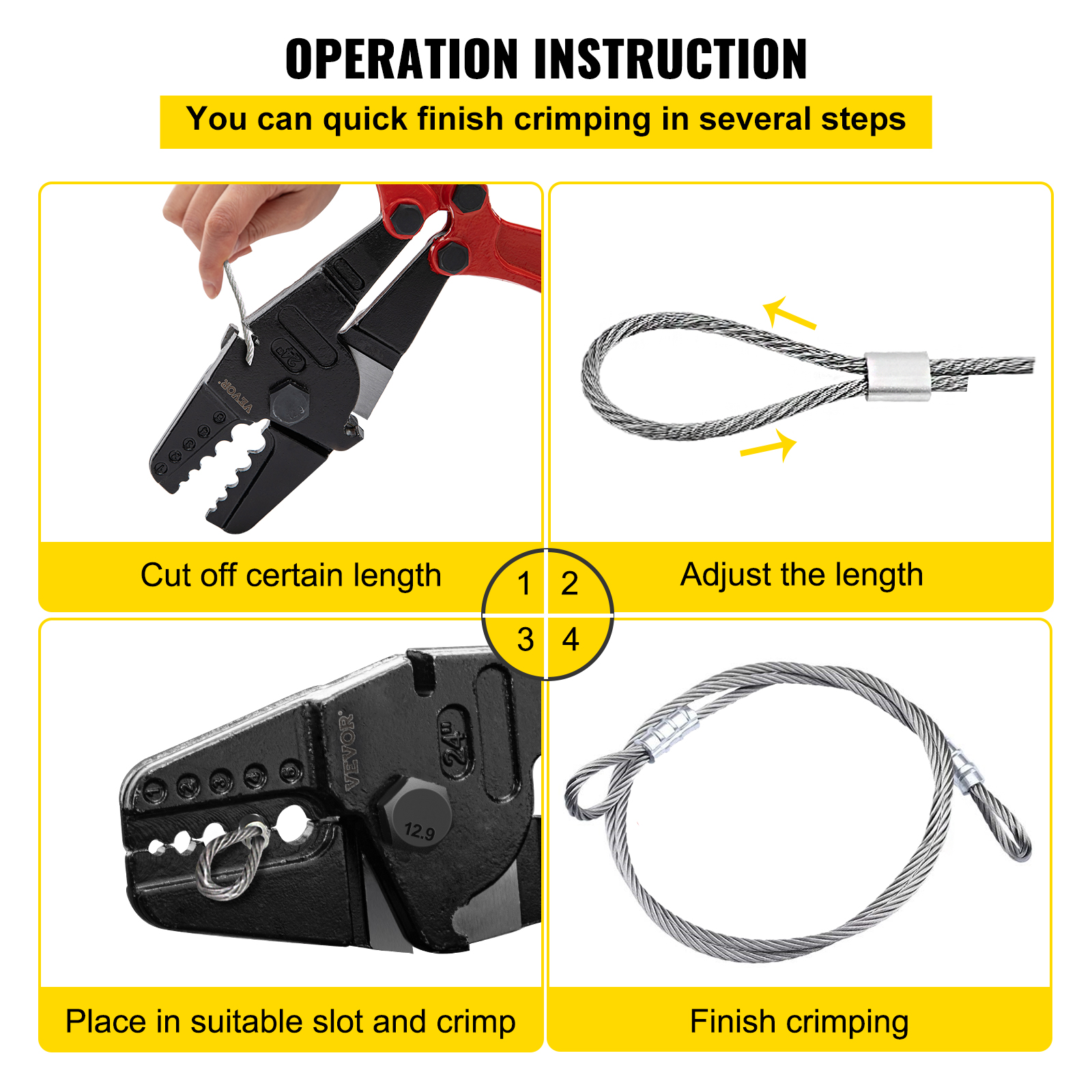 VEVOR 24/30Inch Wire Rope Swager Crimper Tool Insulated Handle Aluminum  Copper Cable Fishing Dual Sleeves Cutter Crimping Pliers