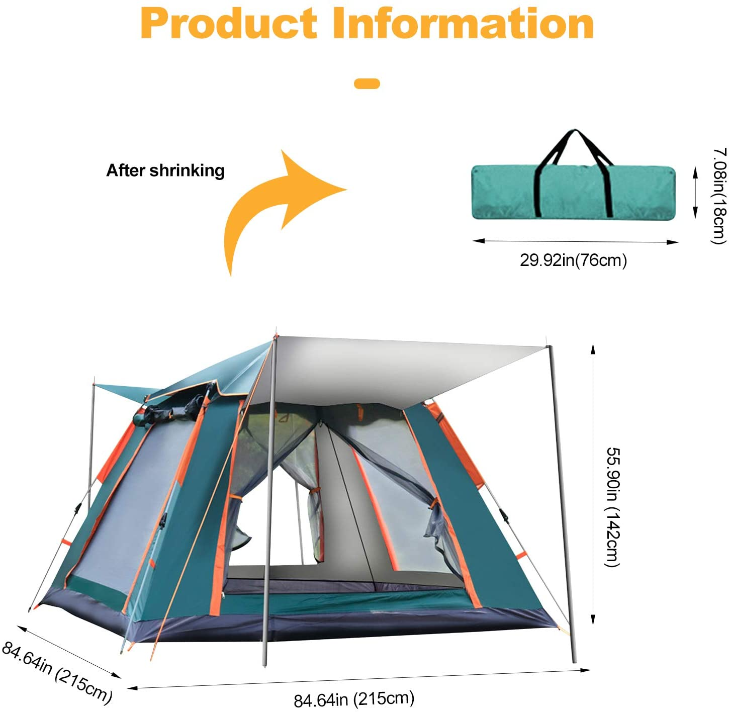 3-4 Persons Automatic Tent Outdoor Camping Tent Double Layer Waterproof Easy Instant Setup Protable Backpacking for Sun Shelter