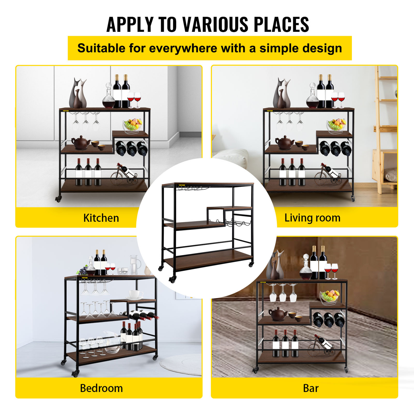 3-Tier Bar Wine Rack Serving Cart on Wheels Commercial Kitchen Food Truck Serving Buffet Sideboard Rack Glass Holder Home