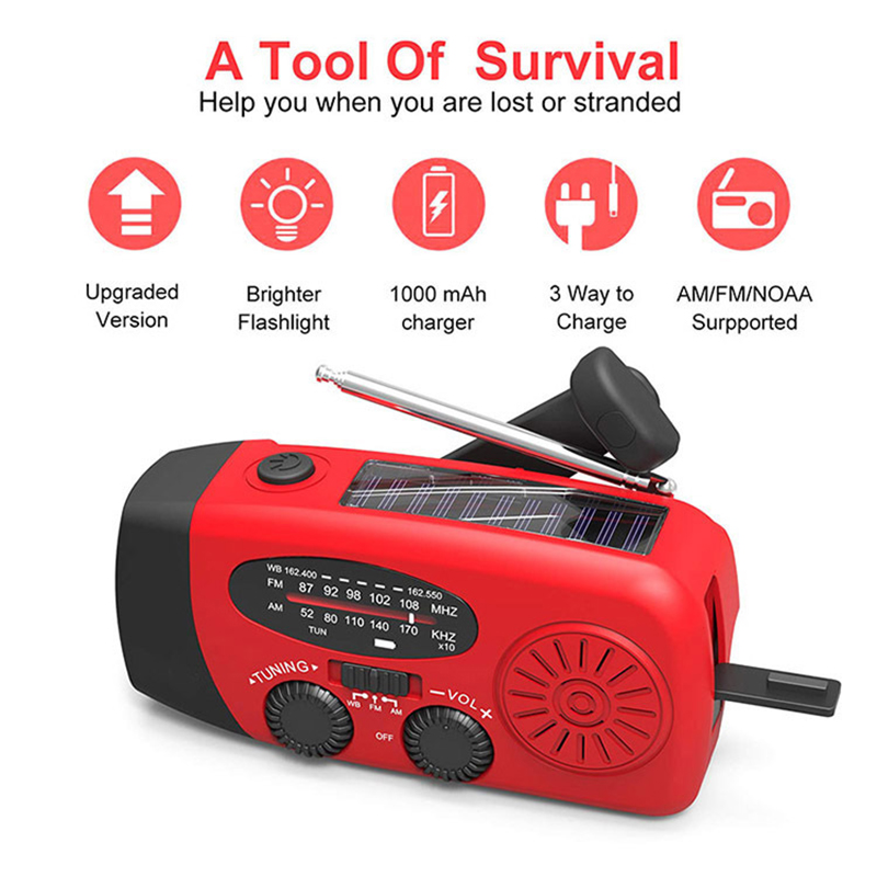 3 LED Lights Flashlight Hand Crank Radio 1000Mah Power Bank USB Charger Portable Solar Radio AM/FM NOAA Weather Radio