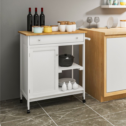 Kitchen Cart Shelf Multifunction Storage Trolley White Bamboo Roller Trolley with Worktop Drawer Home Furniture