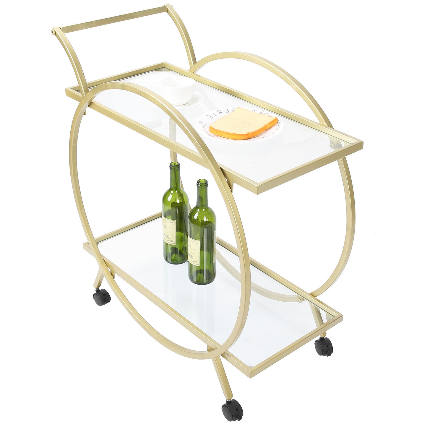 Drinks Trolley, Stylish Metal Serving Cart with 2 Glass Shelves on Wheels, for Cocktails, Spirits, Wine & Beverages