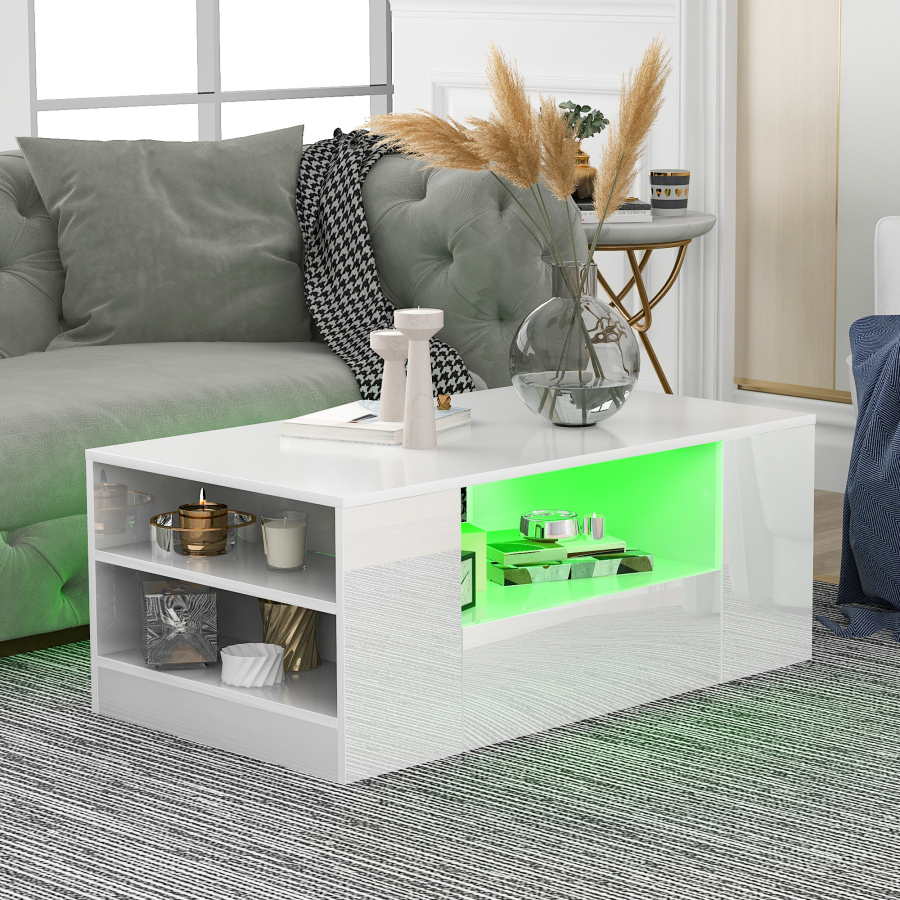 Modern Coffee Table High Gloss Living Room Furniture 2 Drawers and 2 Shelves Sofa Coffee Table Side Table（95 X 53 X 37Cm）