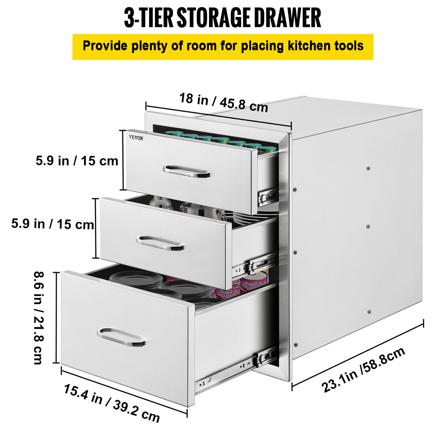 VEVOR Stainless Steel Outdoor Kitchen Drawer with Handle Triple Layer for BBQ Island Grilling Cabinet Storing Cookware Tableware