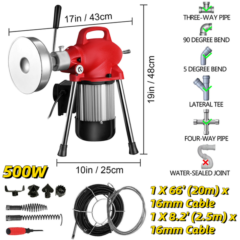 50' x 3/8 Drain Cleaner 250W Drain Cleaning Machine Sewer Clog w/ Cutters