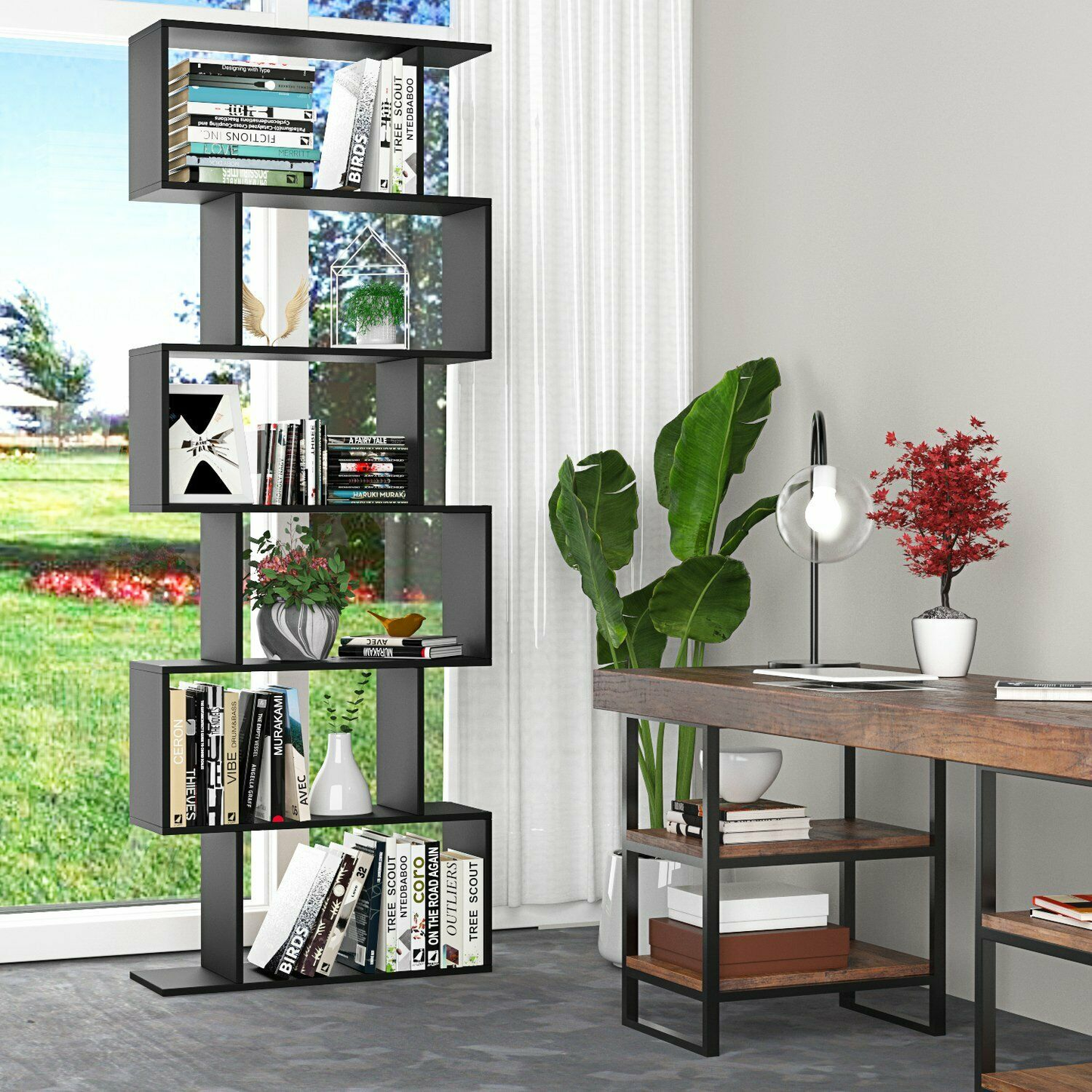 6-Tier Wooden Bookcase, S-Shape Display Shelf and Room Divider, Freestanding Decorative Storage Shelving, 190.5Cm Tall Bookshelf