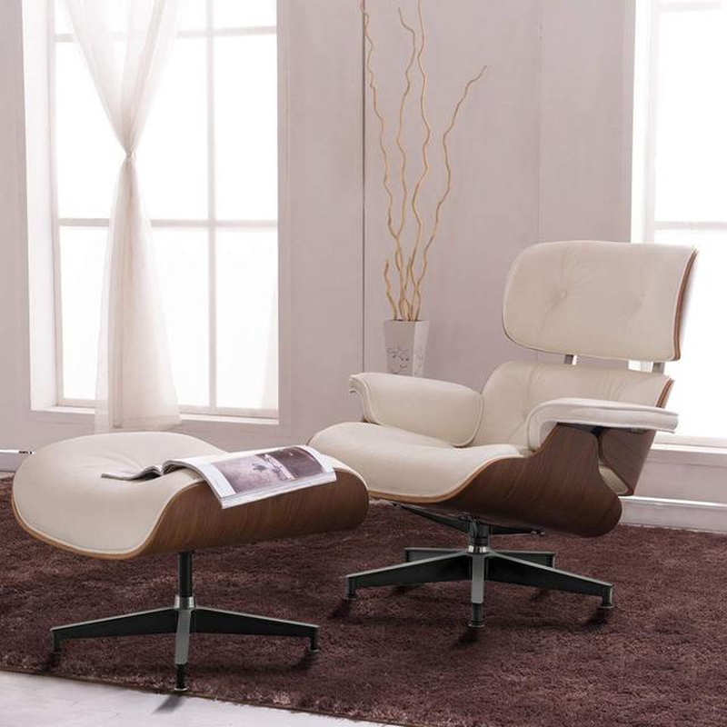 Replica Lounge Chair with Ottoman White Lather Walnut Wood Genuine Leather Chaise for Living Room