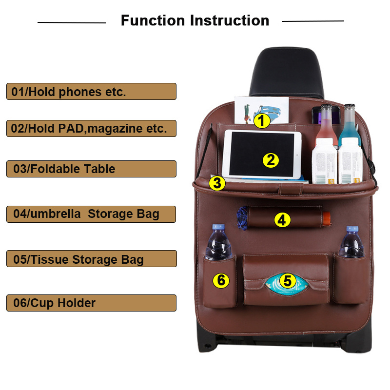 Pu Leather Pad Bag Car Seat Back Organizer Foldable Table Tray Travel Storage Bag Foldable Dining Table Car Seat Storage Bag