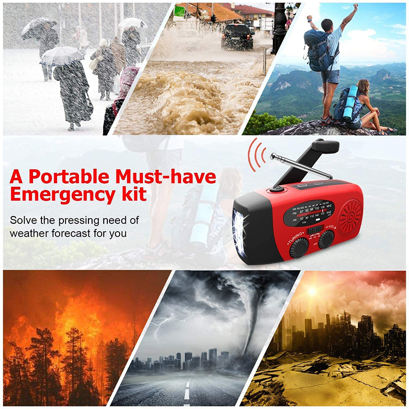 3 LED Lights Flashlight Hand Crank Radio 1000Mah Power Bank USB Charger Portable Solar Radio AM/FM NOAA Weather Radio