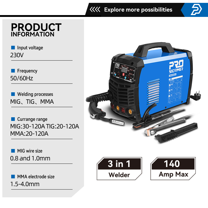 PRO PSWM01A MIG Welding Machine 3 in 1 Welder 220V 140 Amp Max TIG MMA Flux Cored Wire DIY Professional Welding Work