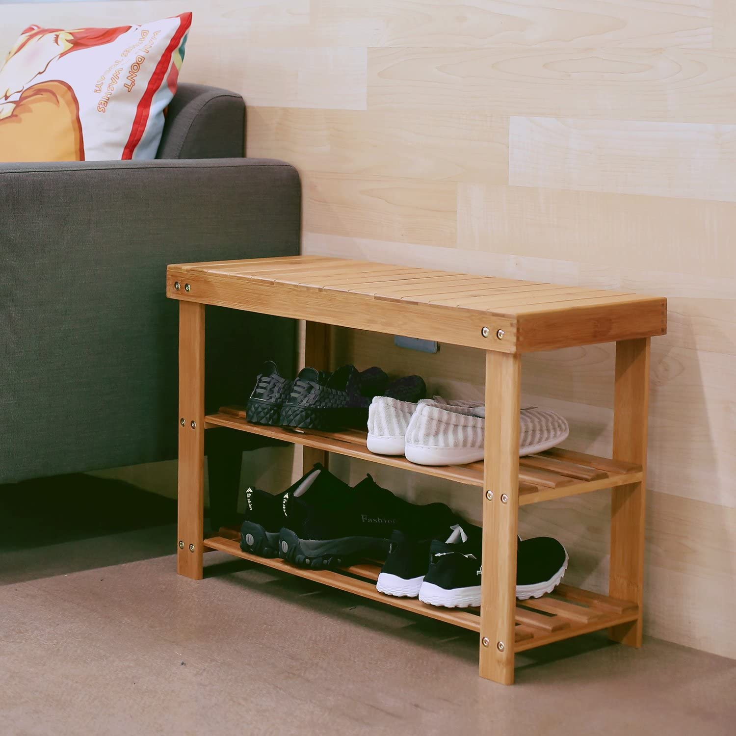 Shoe Rack Bench 3 Tier Living Bamboo, Shoe Organizer or Entryway Bench, Perfect for Shoe Cubby, Entry Bench, Bathroom Bench