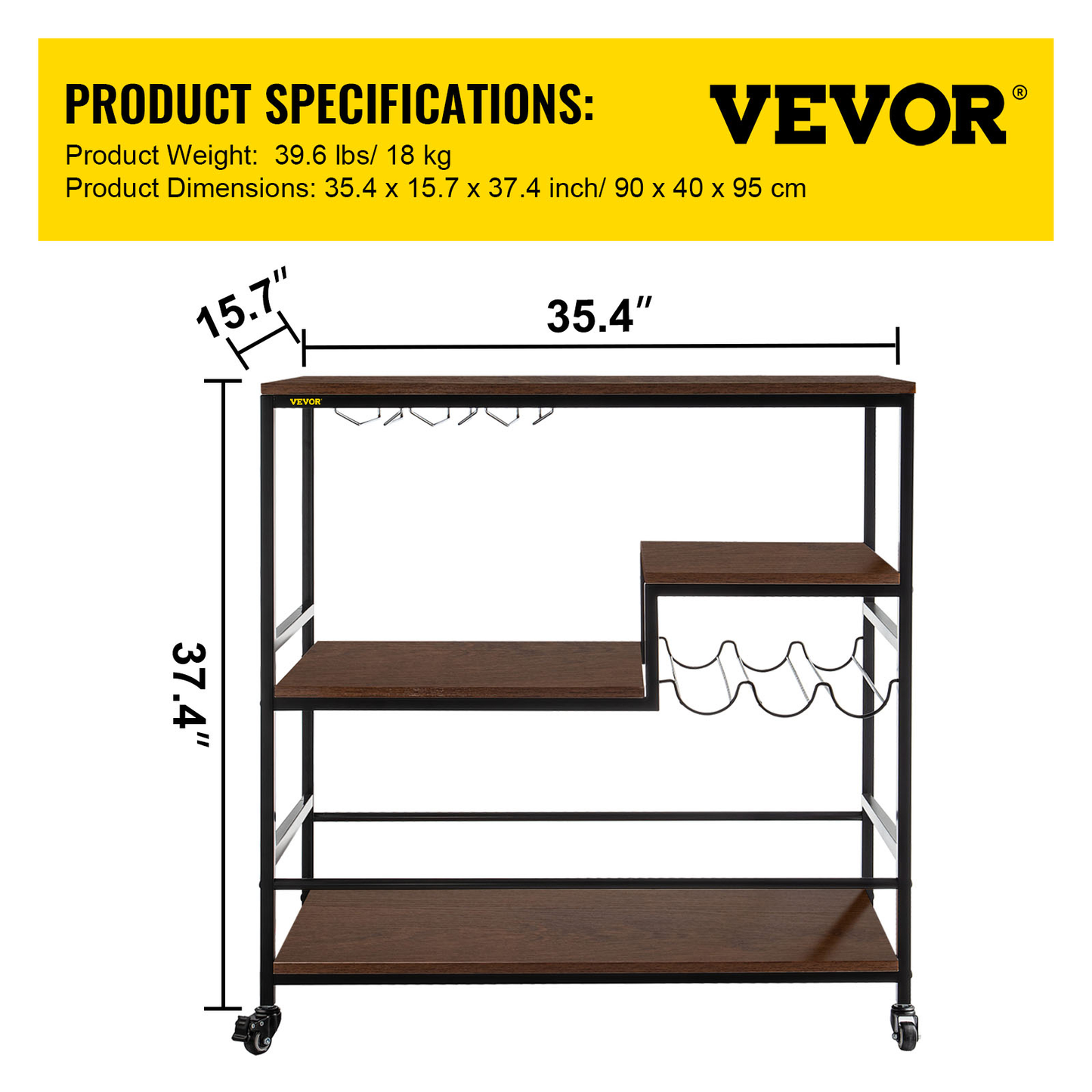 3-Tier Bar Wine Rack Serving Cart on Wheels Commercial Kitchen Food Truck Serving Buffet Sideboard Rack Glass Holder Home