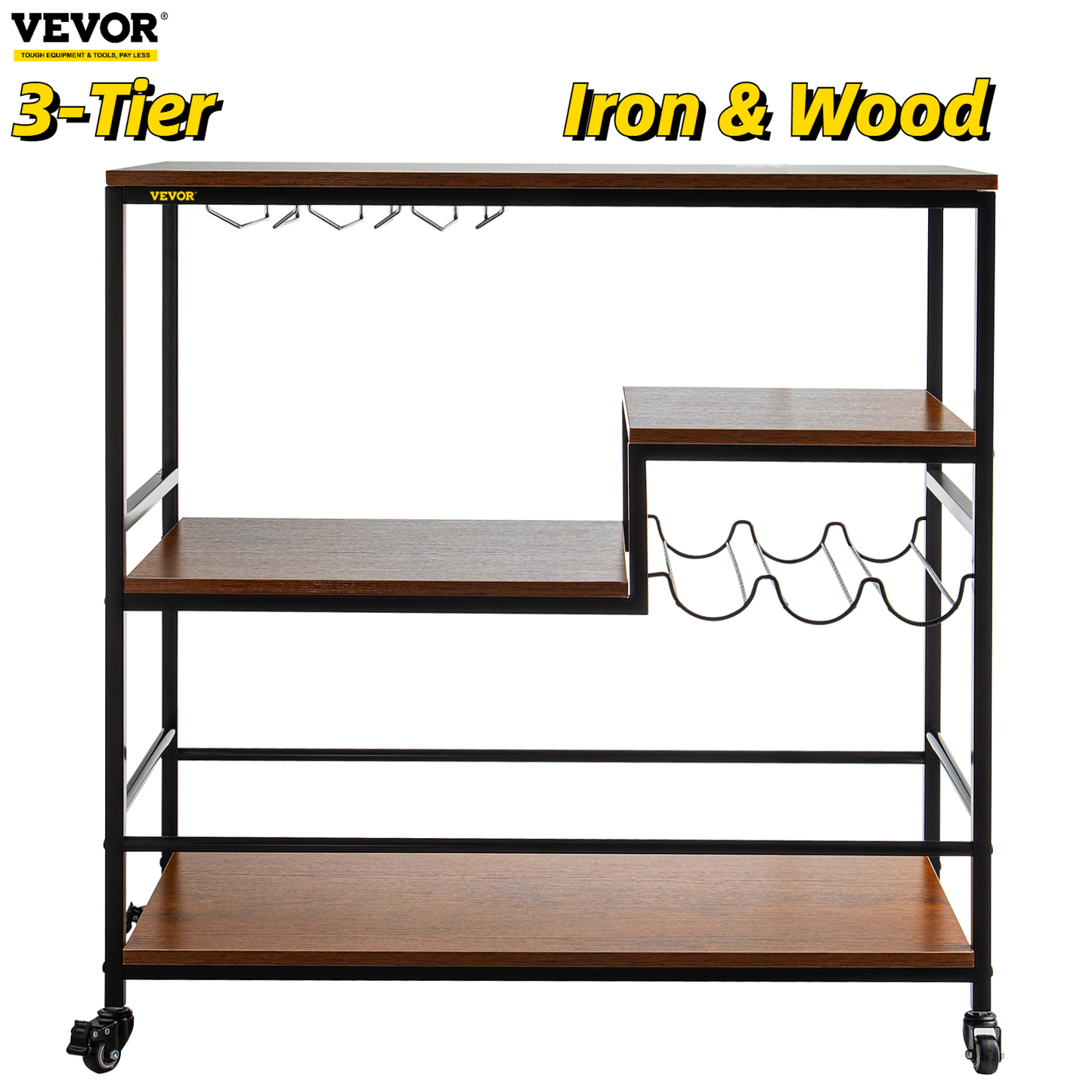 3-Tier Bar Wine Rack Serving Cart on Wheels Commercial Kitchen Food Truck Serving Buffet Sideboard Rack Glass Holder Home