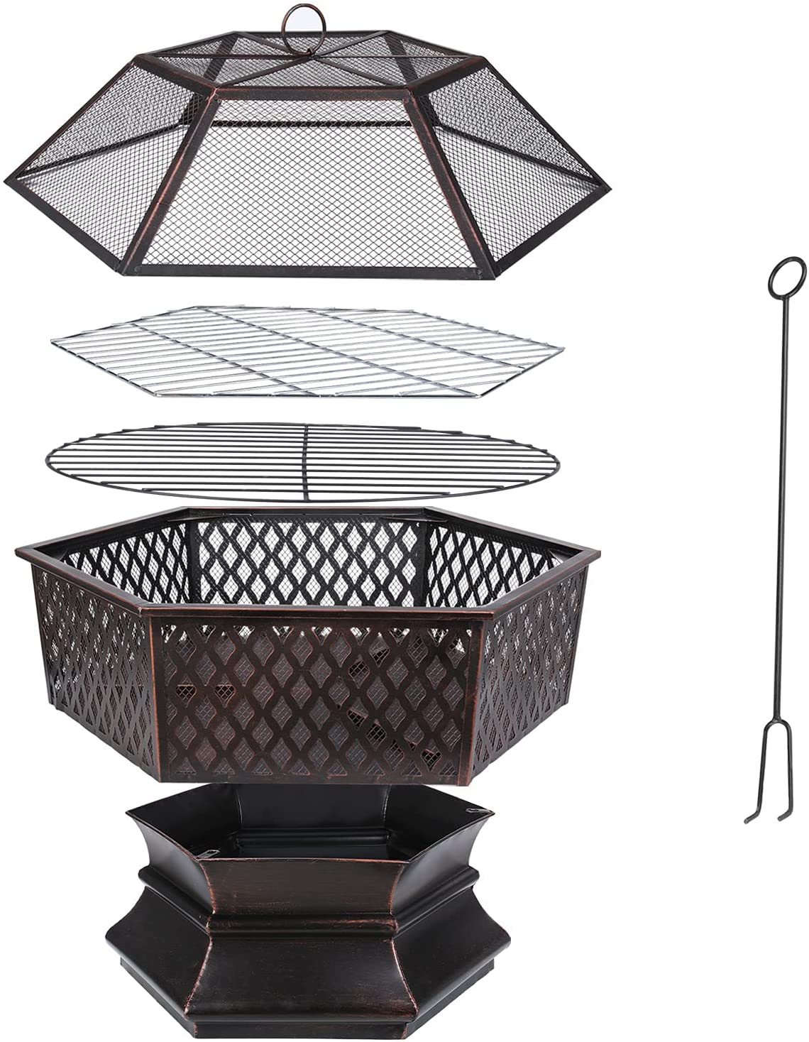 Household Outdoor Hexagonal 26'' Garden Grill Charcoal Brazier,Grill Charcoal Brazier Outdoor Fireproof Steel with Lattice Cover