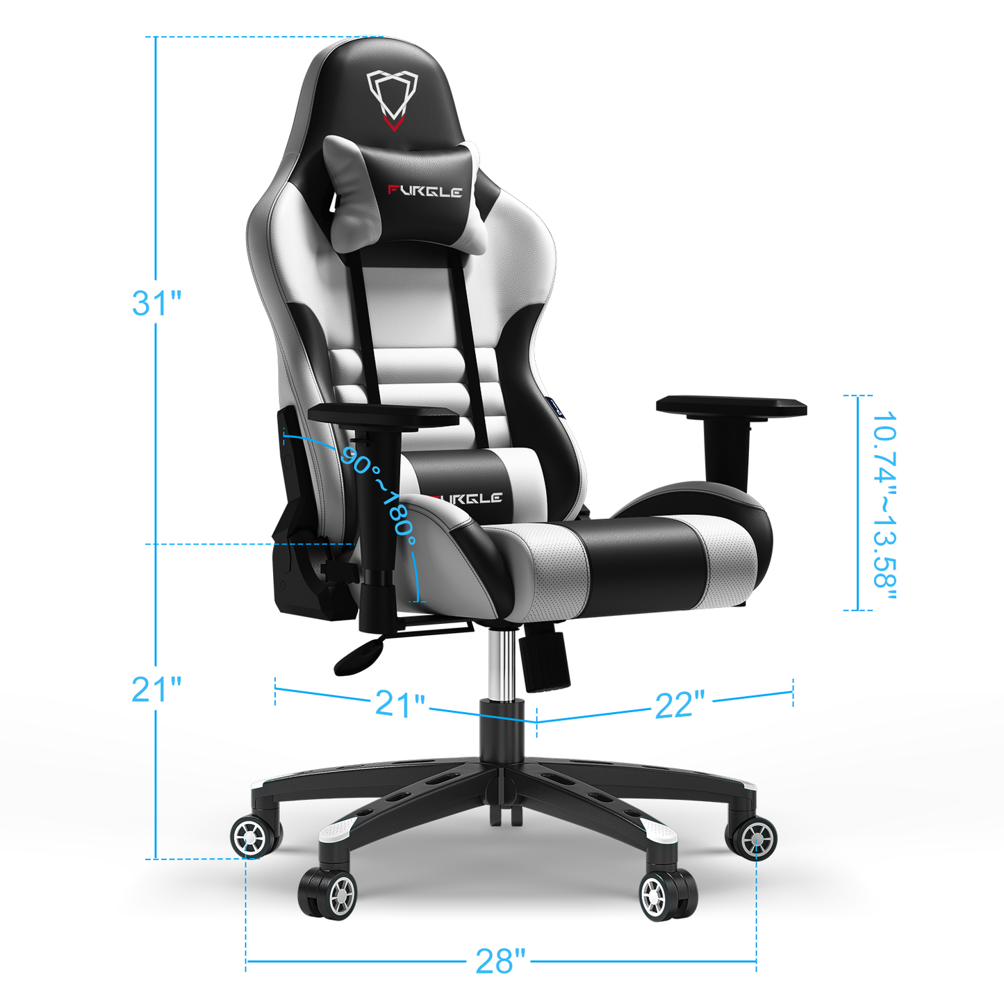 Carry Series Gaming Chair 360° Swivel Ergonomic Racing-Style 90-160 Degree Decline Office Chair White Black Colors