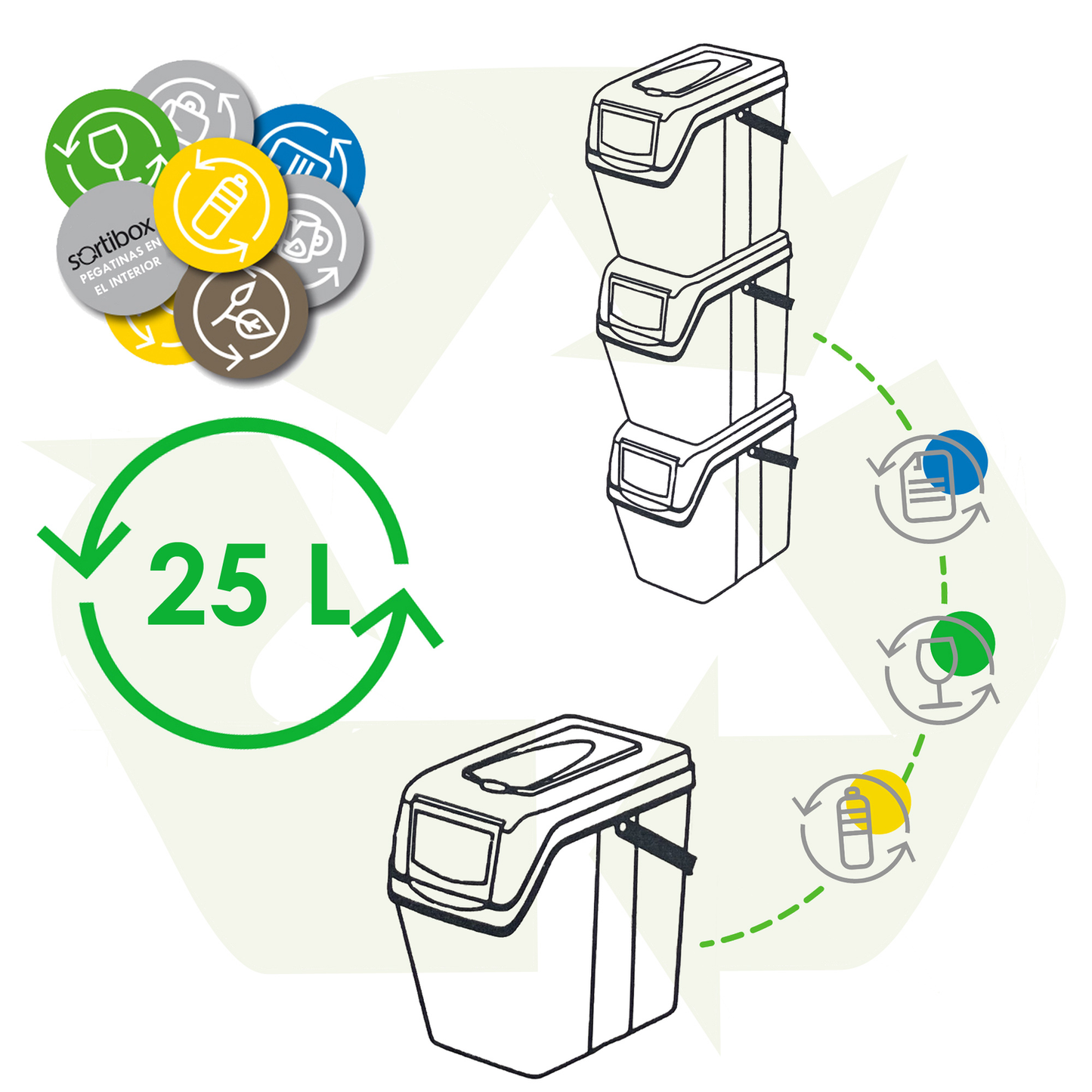 Set of 3 Recycling Cubes with Capacity of 75 Litres of Compartment in White, Gray and Black Color