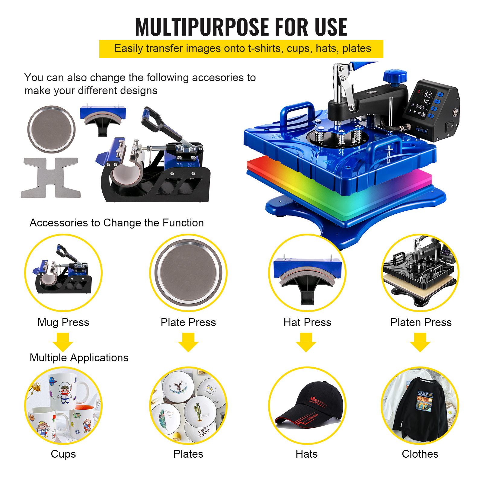 6 in 1 Heat Press Machine 800W 12 X 15 Inch Black & Blue 360 Degree Rotation Design Digital LED Transfer Printing for Mug