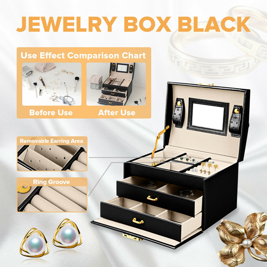 Yonntech 3 Layer Velvet PU Jewelry Box Organizer Large Ring Necklace Display Makeup Holder Portable Earring Case with Lock