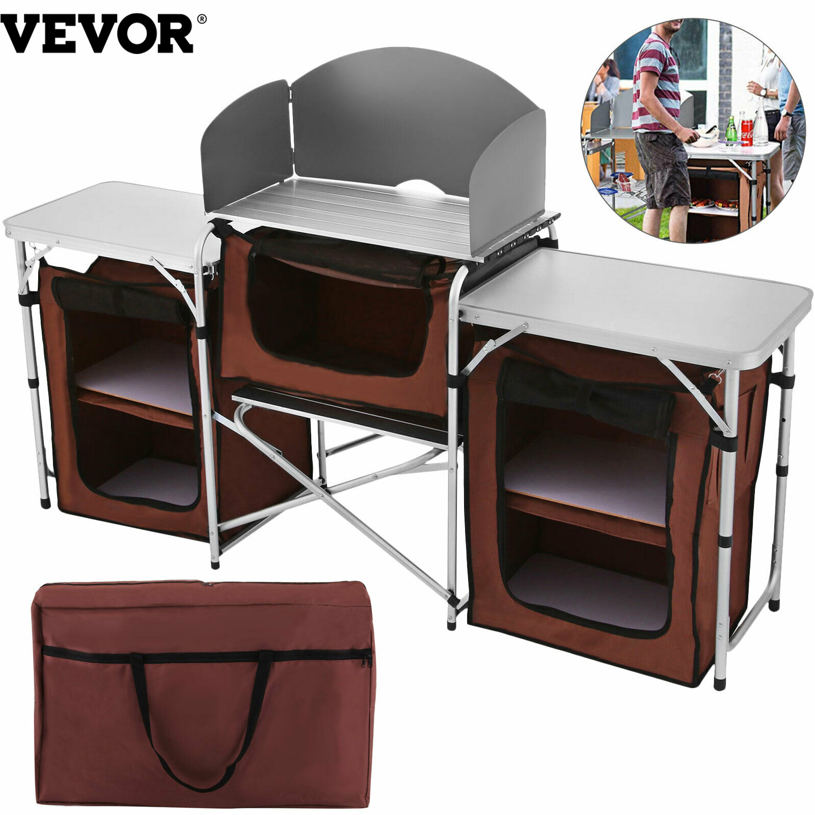 Camping Outdoor Kitchen Table Cabinet Foldable Folding Cooking Storage Rack for BBQ Picnic X-Shaped Aluminum Alloy Bracket