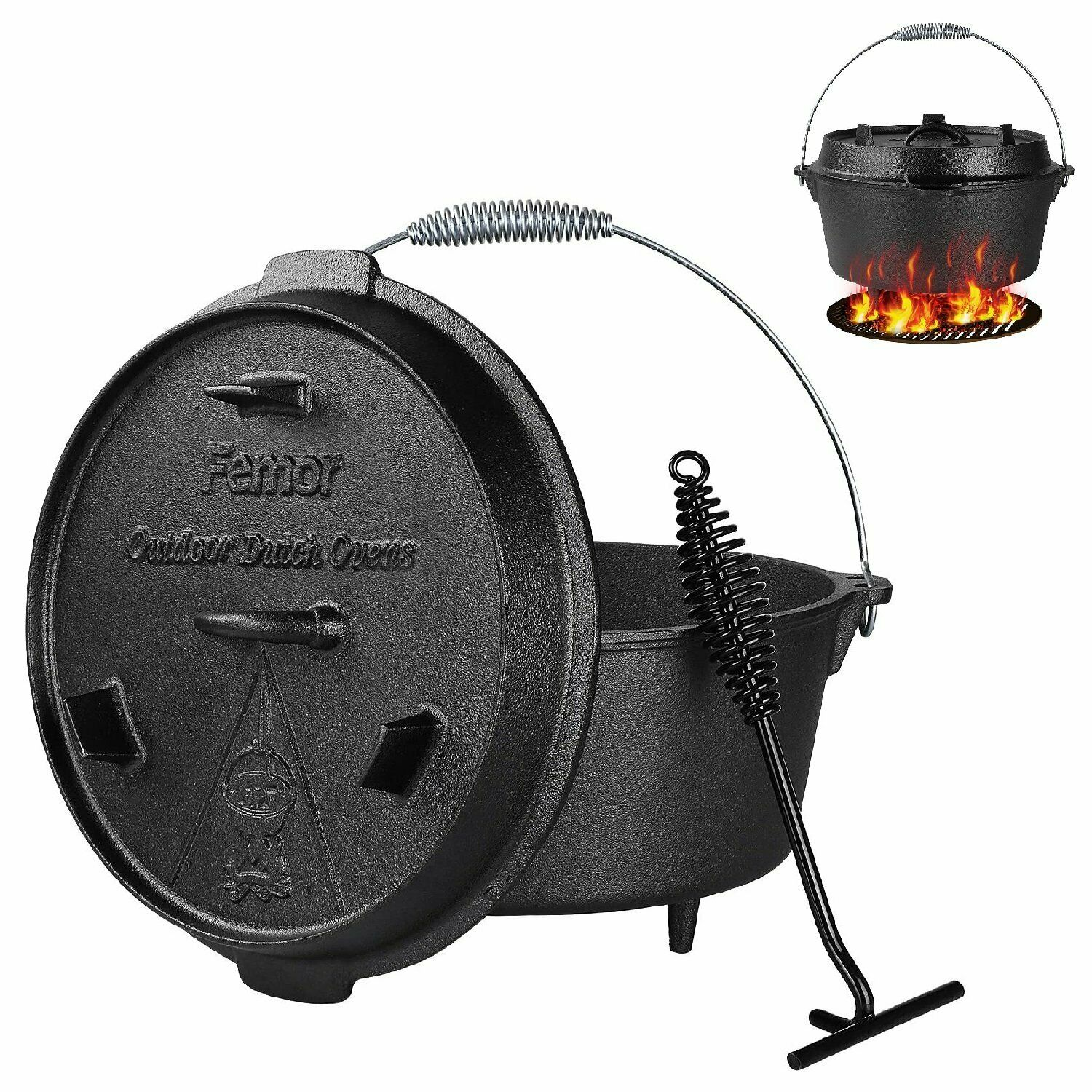 24CM 4.8 L Dutch Oven BBQ Oven Pot Cast Iron Cooking Pot Roasting Pan Also for Gas Grill plus a Lid Lifter