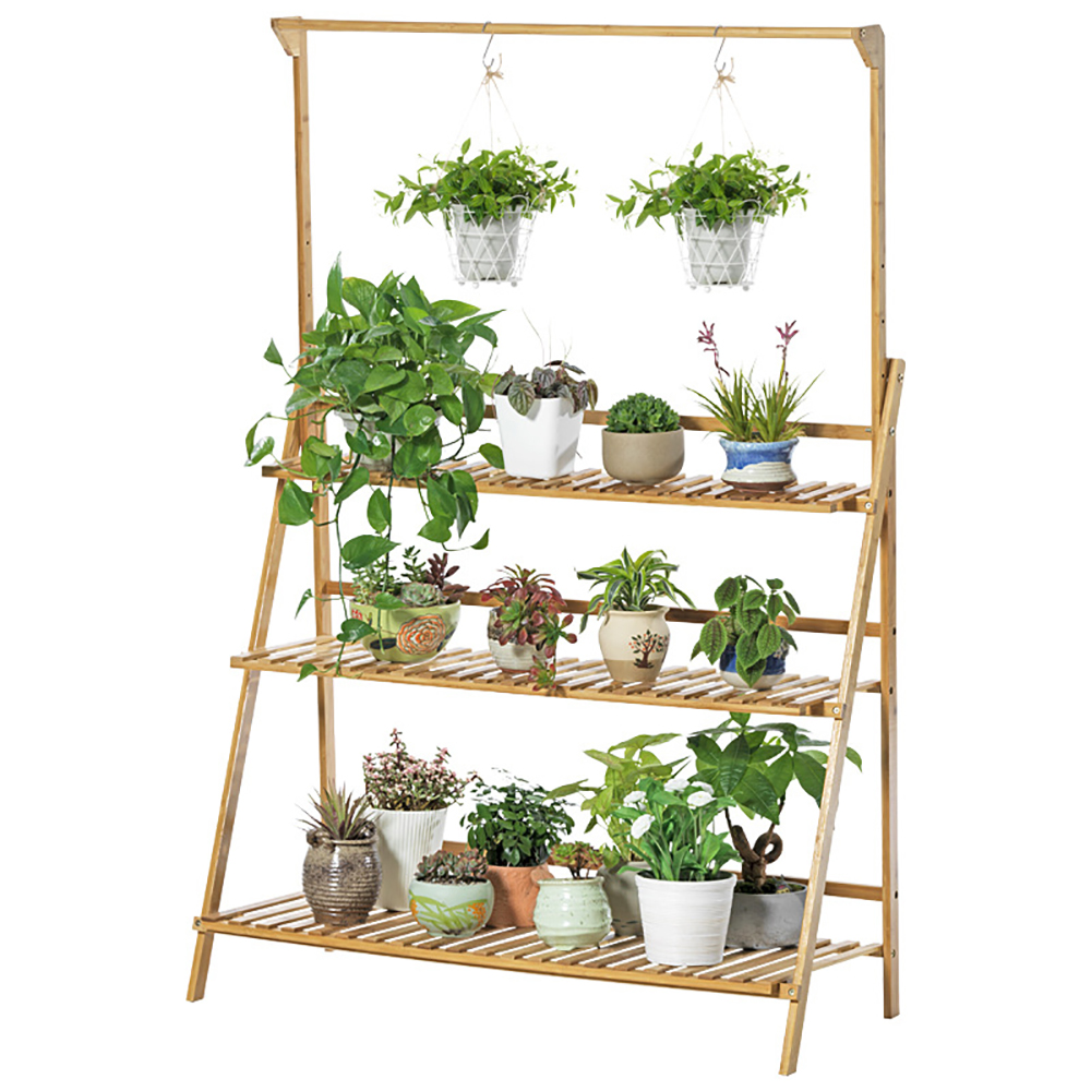 100Cm 3 Tier Foldable Bamboo Flower Pot Plants Display Shelf Planter Organizer for Outdoor Indoor