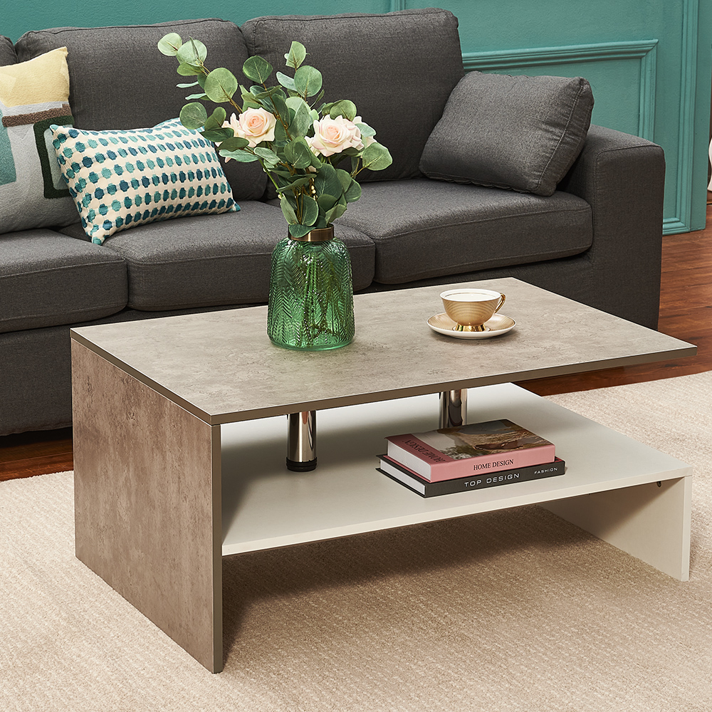 Coffee Table 2 Tiyers Book Sundries Storage Shelf with 2 Pillars Living Room Table Sofa Table Concrete White 90X60Cm