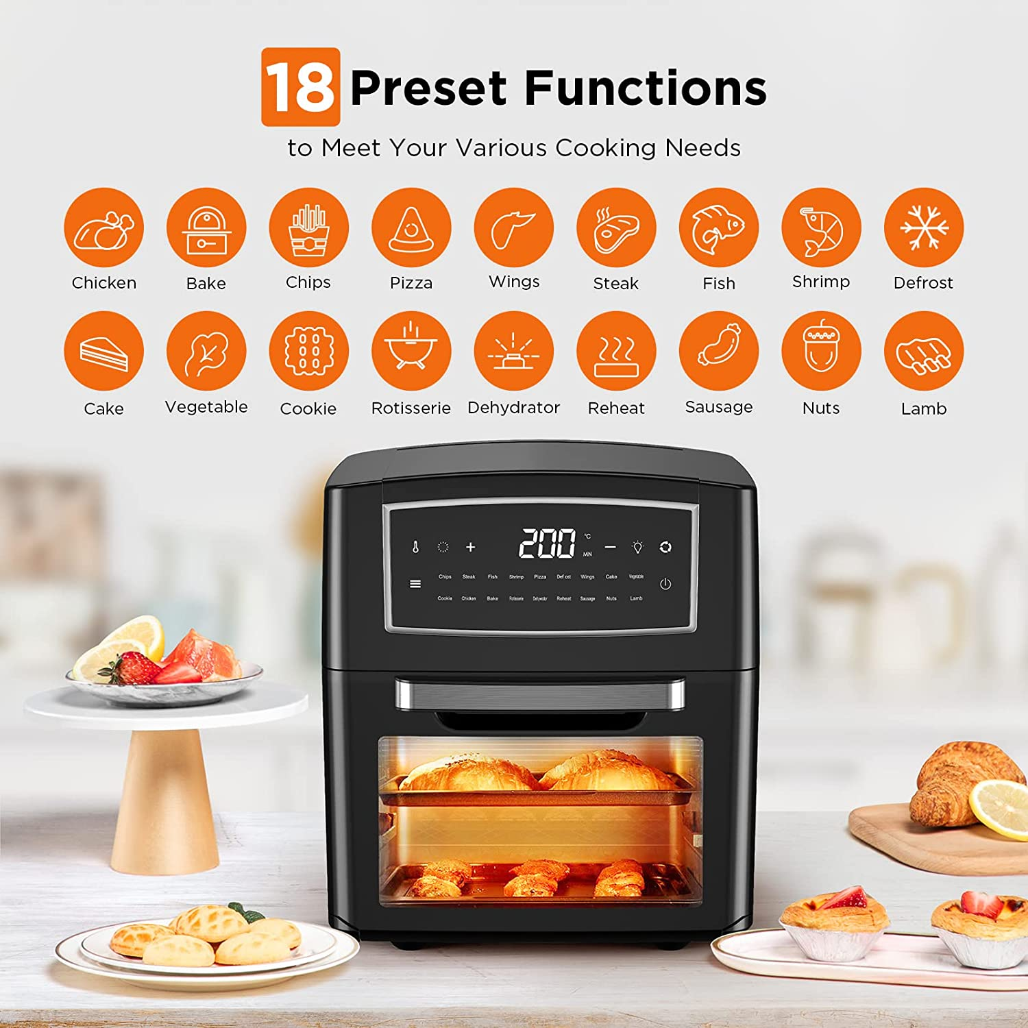 12L/12.7QT 1500W Smart Air Fryer Oven Toaster Rotisserie & Dehydrator LED Digital Touch Screen Convection Air Fryer Oven