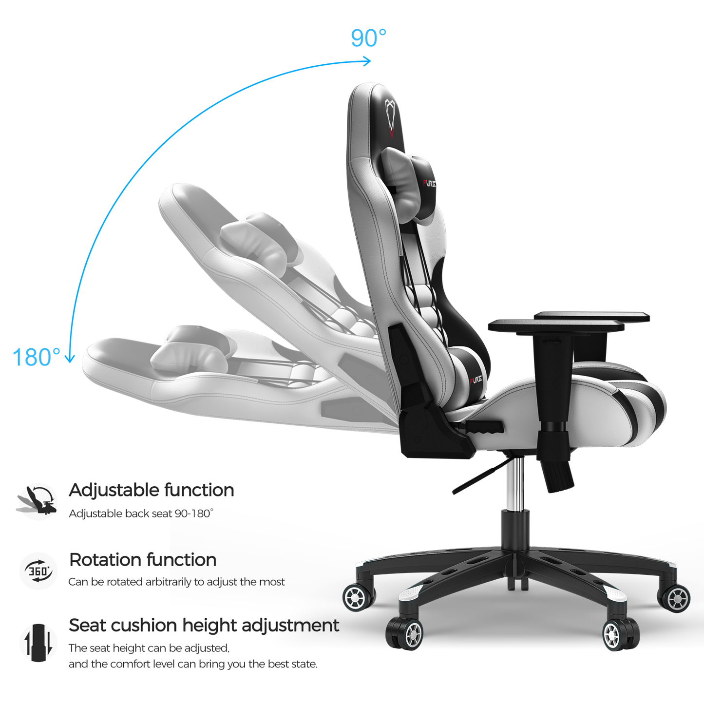 Carry Series Gaming Chair 360° Swivel Ergonomic Racing-Style 90-160 Degree Decline Office Chair White Black Colors