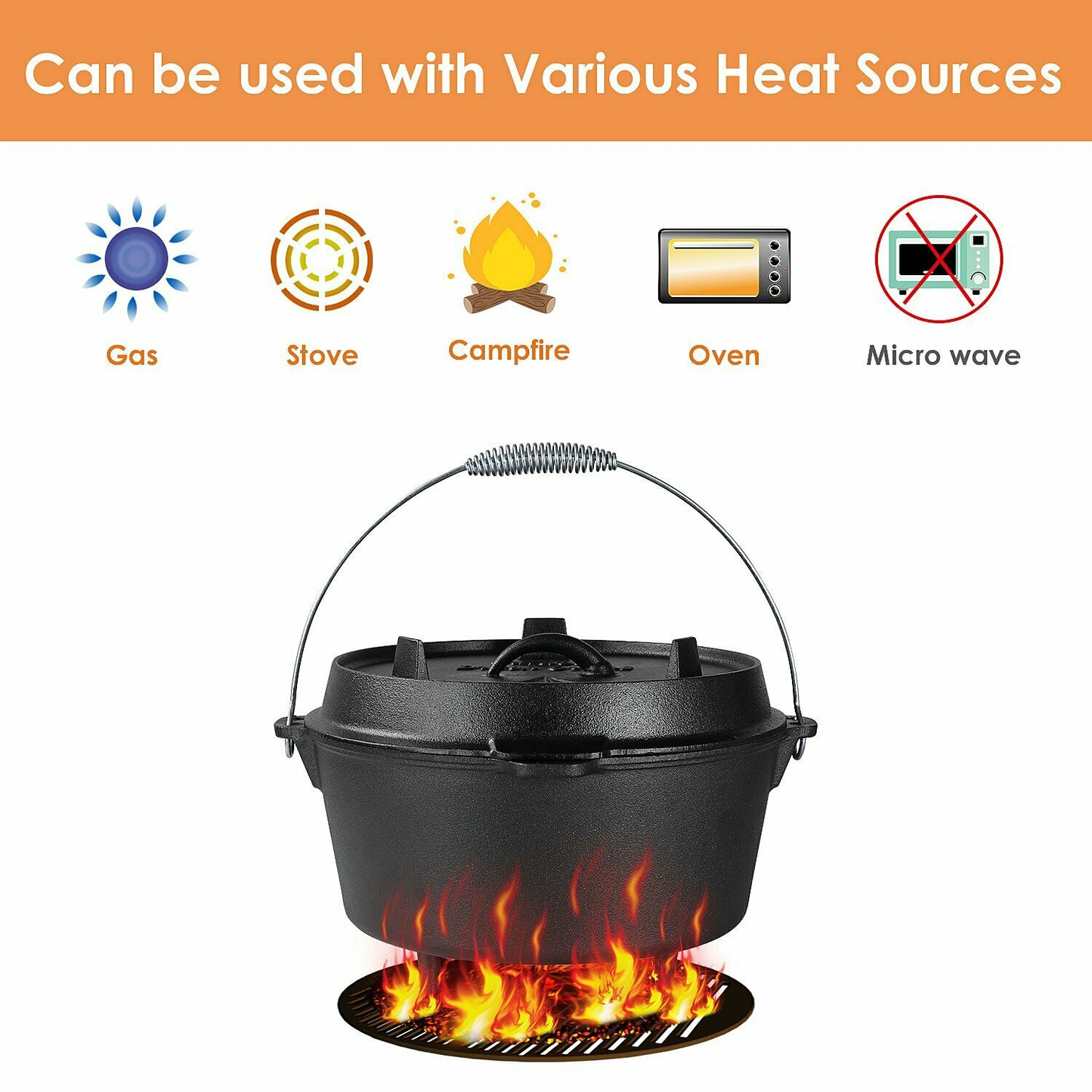 24CM 4.8 L Dutch Oven BBQ Oven Pot Cast Iron Cooking Pot Roasting Pan Also for Gas Grill plus a Lid Lifter