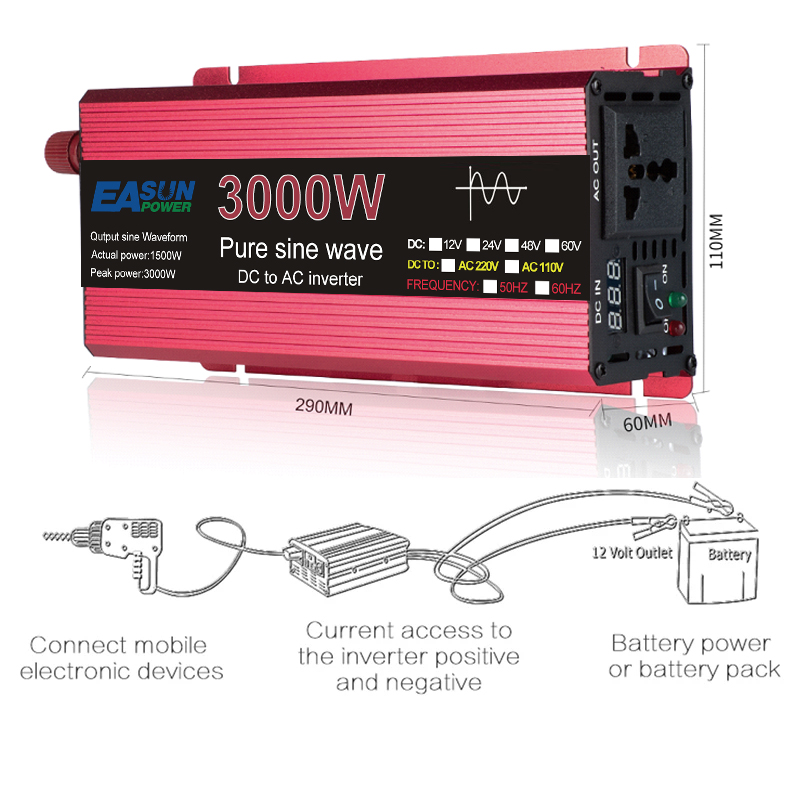 1000W 1600W 2000W 3000W Pure Sine Wave Power Inverter DC 12V/ 24V to AC 220V Converte LED Display Portable Car Inverter