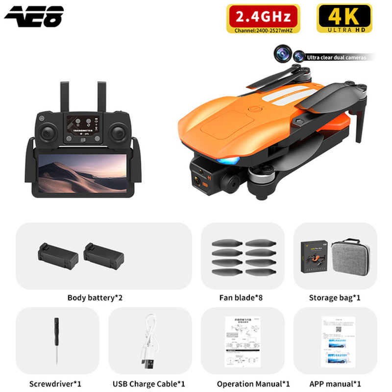 AE8 Pro Max Obstacle Avoidance Drone GPS Positioning Drone Brushless Motor Quadcopter 8K HD Aerial Photography RC Airplane Toy