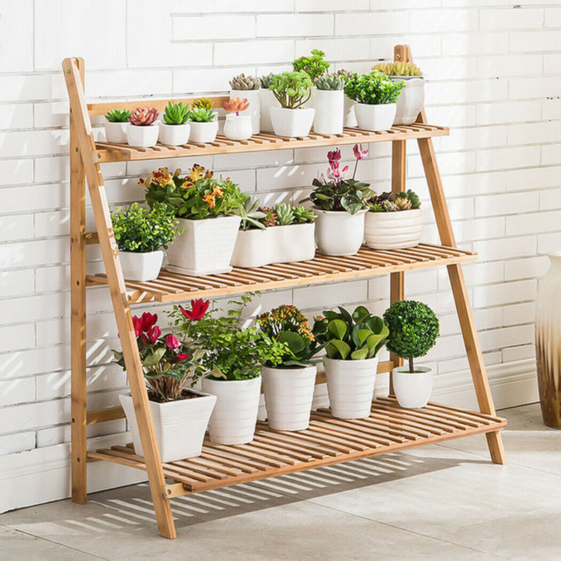 100Cm 3 Tier Foldable Bamboo Flower Pot Plants Display Shelf Planter Organizer for Outdoor Indoor