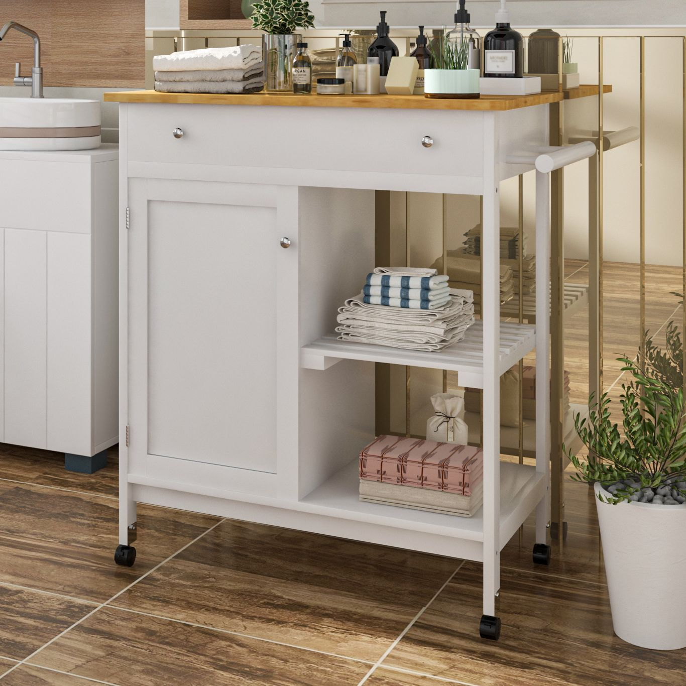 Kitchen Cart Shelf Multifunction Storage Trolley White Bamboo Roller Trolley with Worktop Drawer Home Furniture