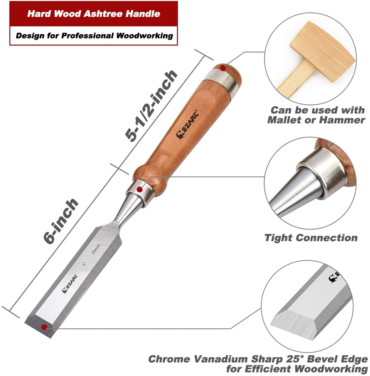 6Pcs Wood Chisel Set for Woodworking CRV Steel with Walnut Handle in Wooden Premium Box