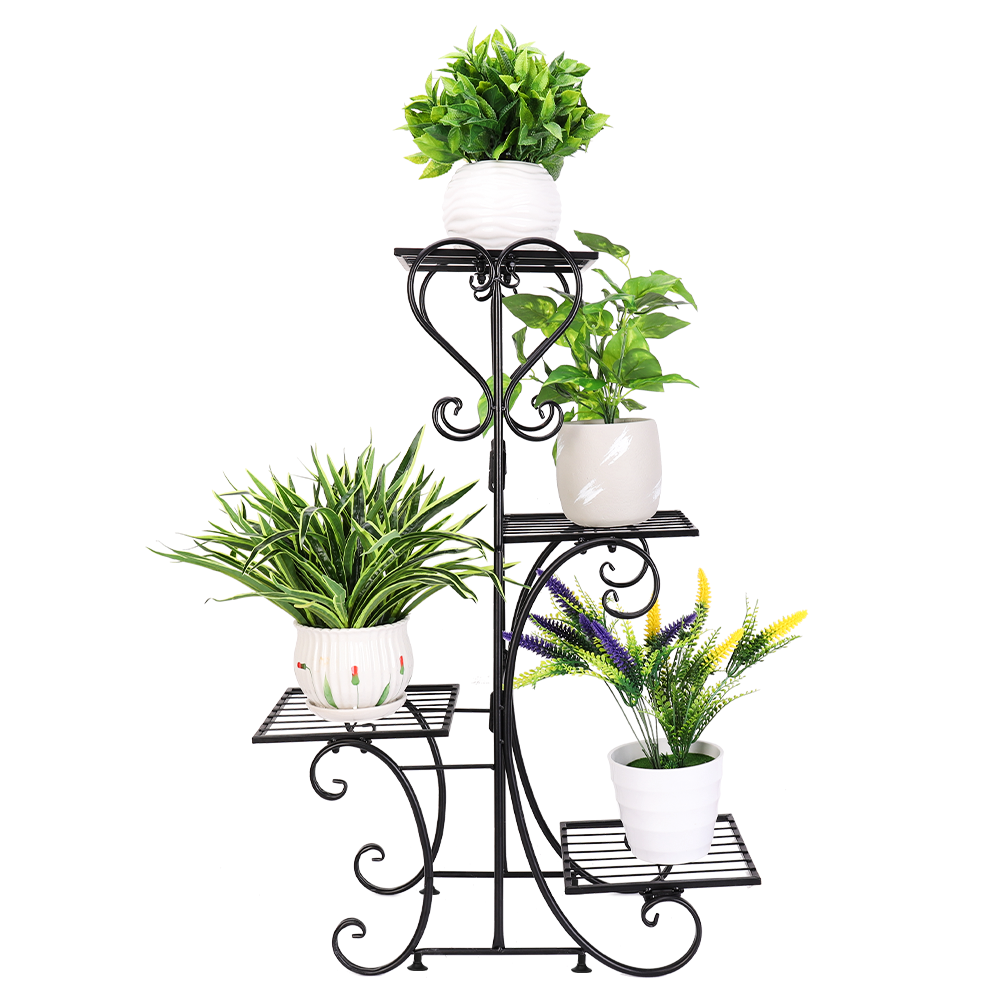 Metal Plant Shelf Flower Display Stand Garden Planter Holder with 4 Tier Shelves Indoor (Black)