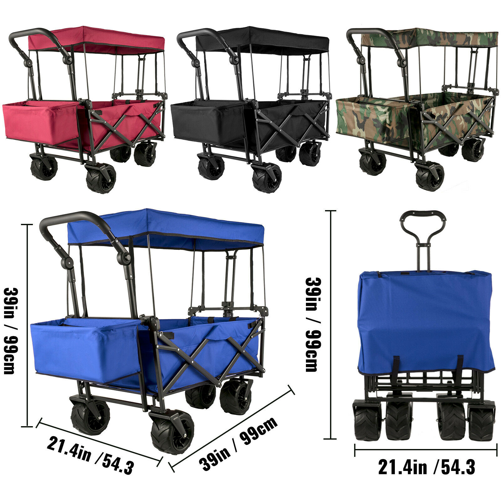 7In Wheel Folding Wagon Cart 220.5 Capacity W/ Adjustable Handle Pull Oxford Cloth Collapsible Outdoor Garden Trolley Cart