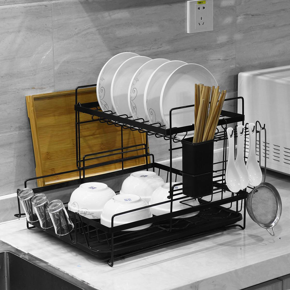 2/3 Tier Kitchen Storage Shelf Dish Drying Rack Holder with Drainboard Plate Cup Spoon Drainer Countertop Utensil Organizer