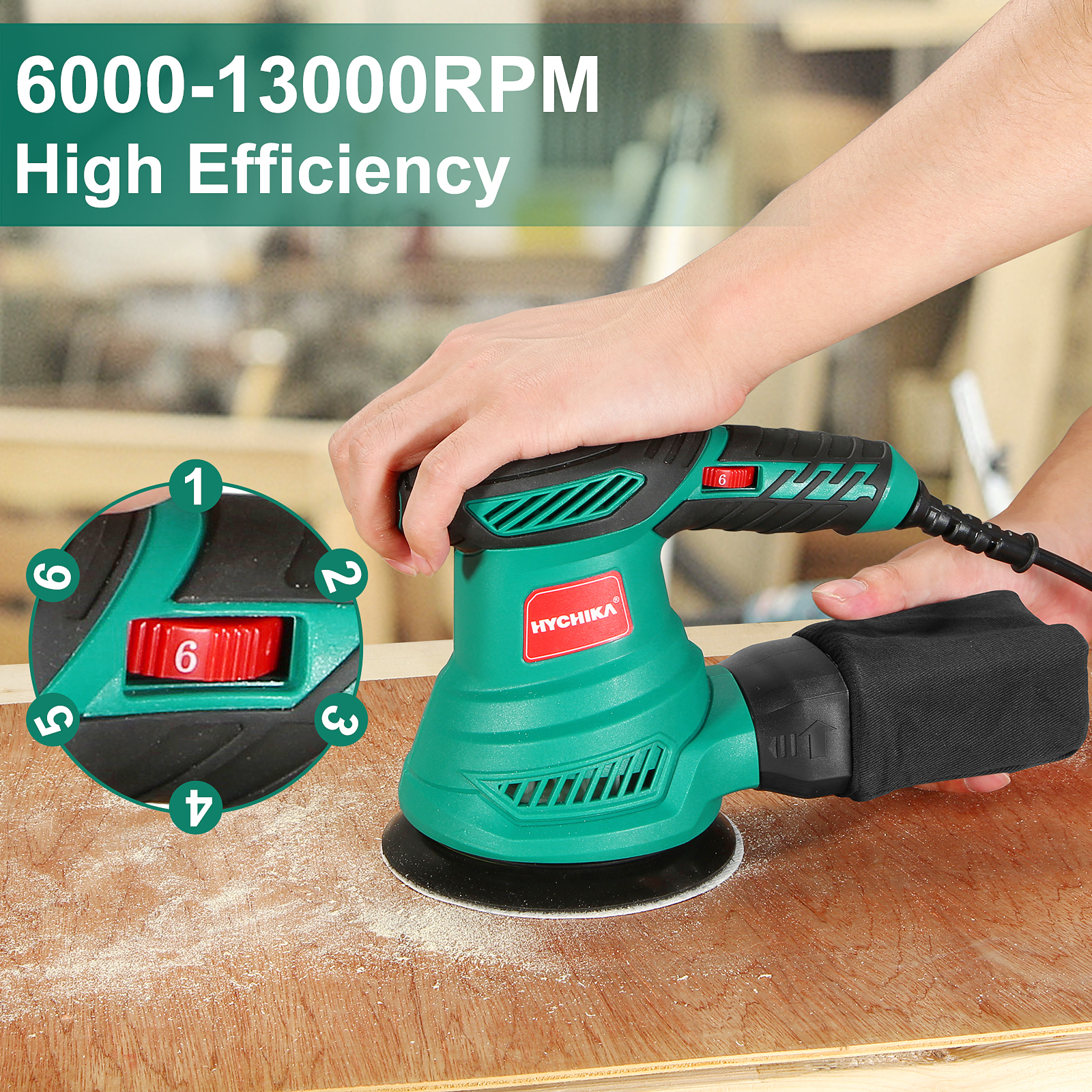 300W Random Orbital Electric Sander Machine with 12Pcs Sandpapers 120V/230V Strong Dust Collection Polisher